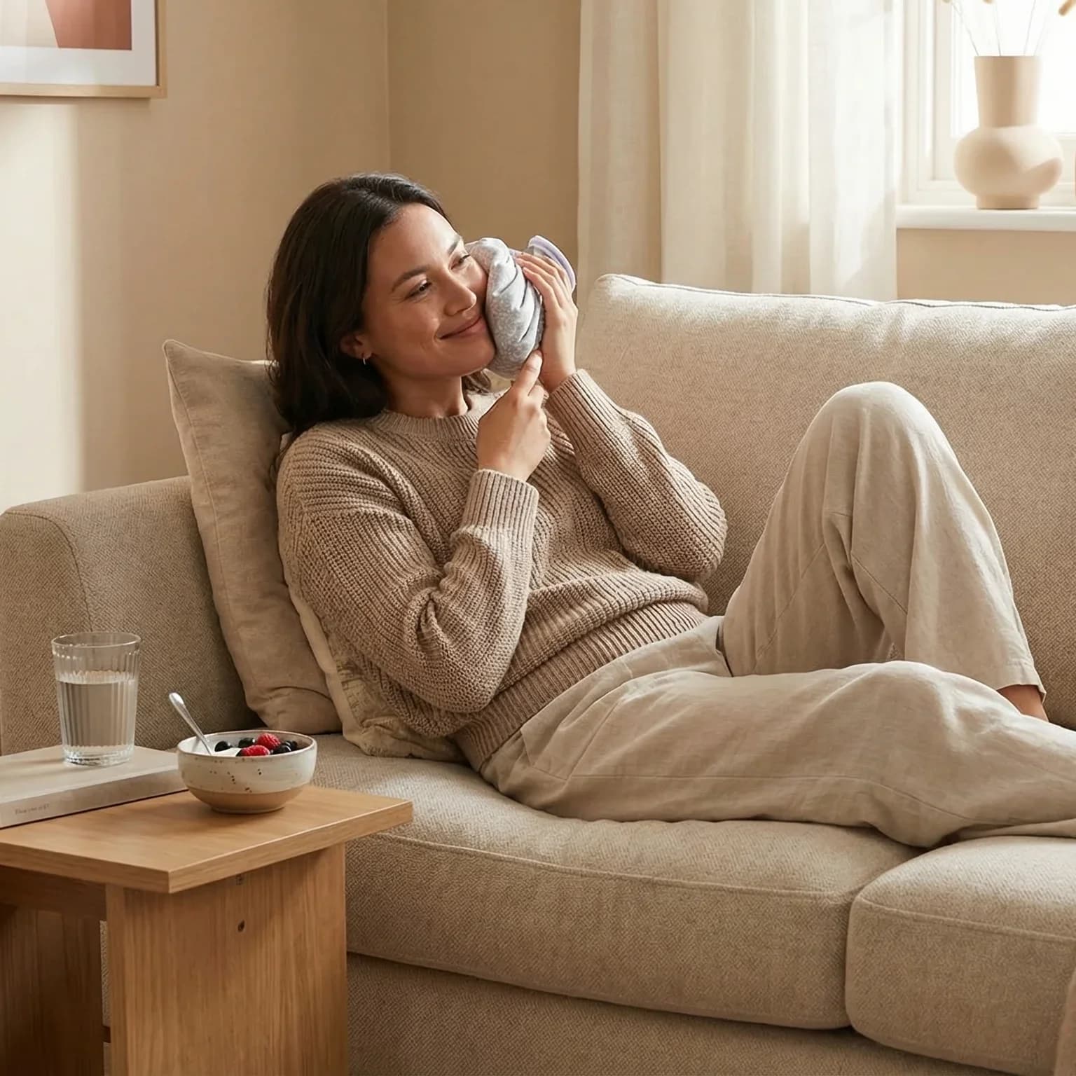 Woman resting comfortably at home after a tooth extraction, holding a cold pack to her cheek with a glass of water and soft food nearby