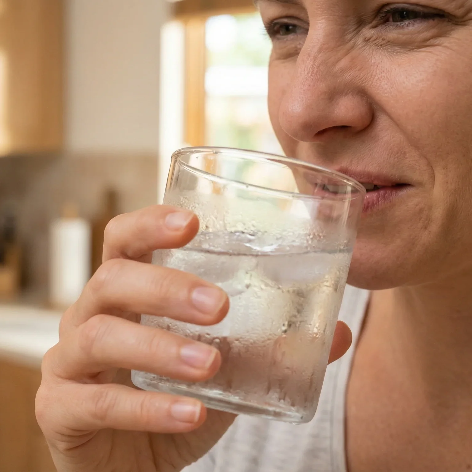 Woman pausing over a glass of iced water in her kitchen, a common cold-drink trigger for sensitive teeth