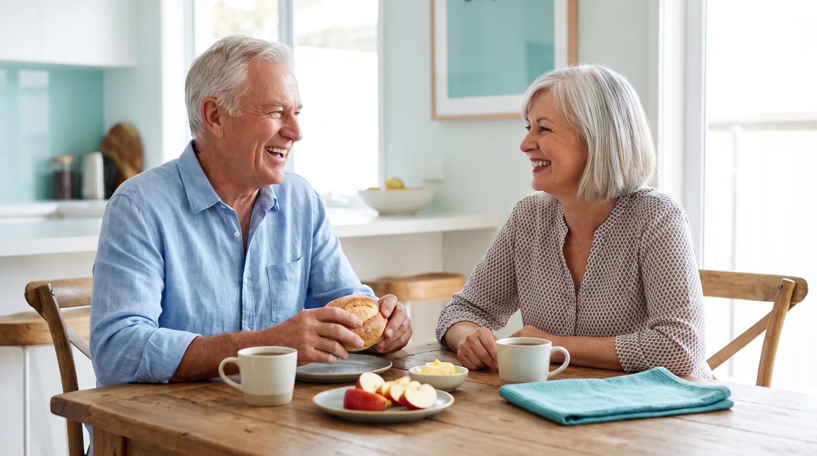 A relaxed older couple laughing together over a meal at home, the husband eating and smiling comfortably with his well-fitting partial denture, Grange Road Dental in Ipswich