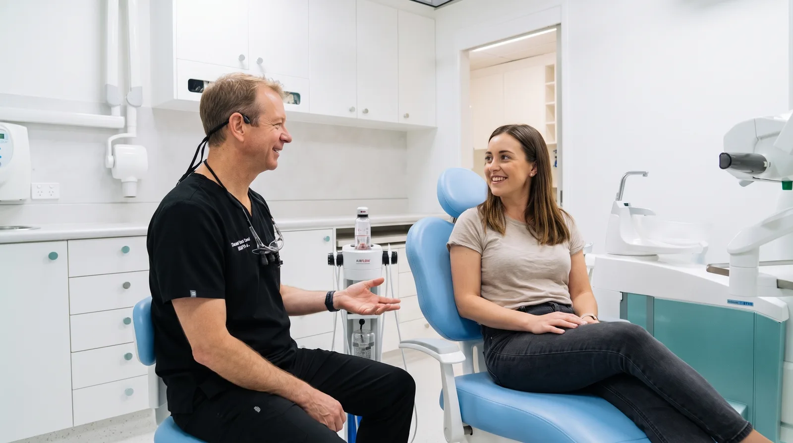 Dr Andrew, wearing magnifying loupes, talking with a young patient in the dental chair about catching tooth decay early