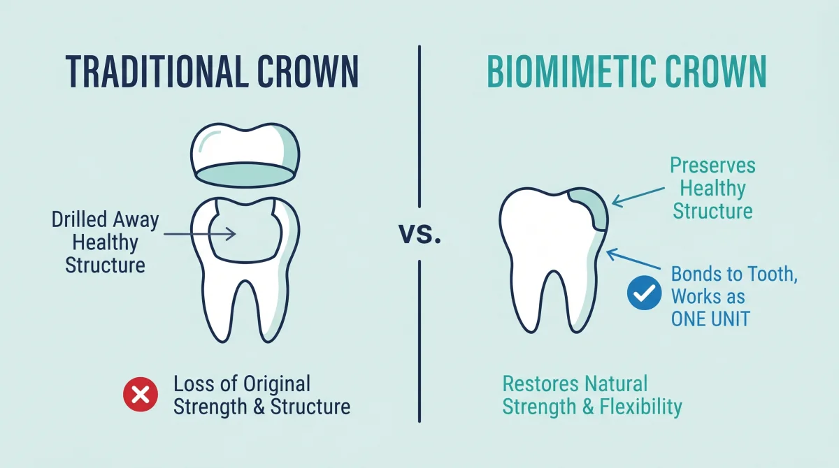 A traditional crown caps a heavily reduced tooth, while a biomimetic crown bonds to a mostly preserved natural tooth
