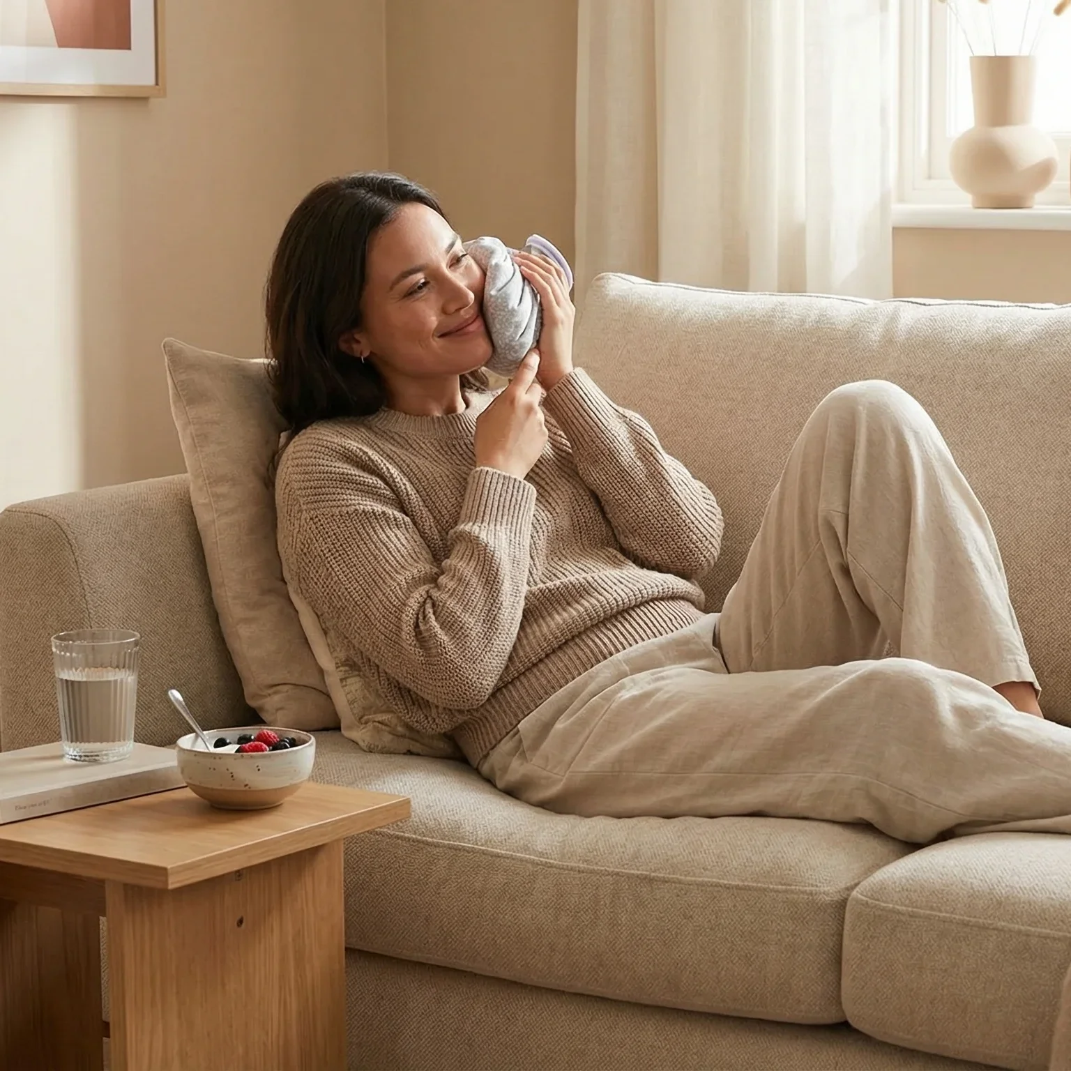A patient resting comfortably at home with a cold pack, a glass of water and soft food nearby during recovery